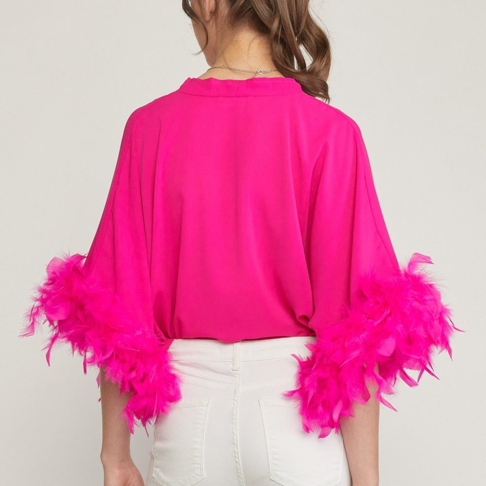 Hot Pink Feather Sleeve Bodysuit - Picture 5 of 7